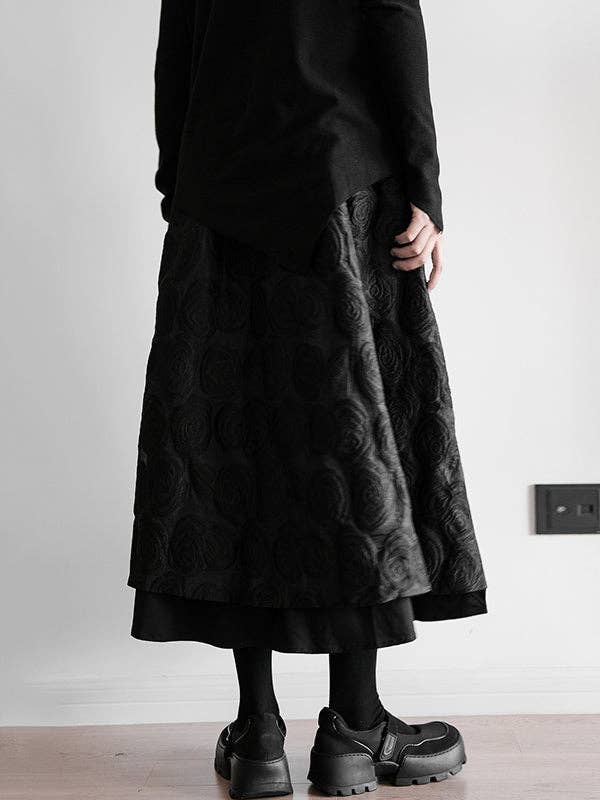 Double Layered Elasticity Jacquard Solid Color Split-Joint A-Line Loose Skirts Bottoms