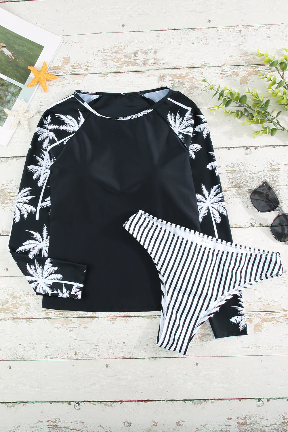 Printed Raglan Sleeve Two-Piece Rash Guard Set-sustainable Swimwear