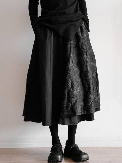 Double Layered Elasticity Jacquard Solid Color Split-Joint A-Line Loose Skirts Bottoms