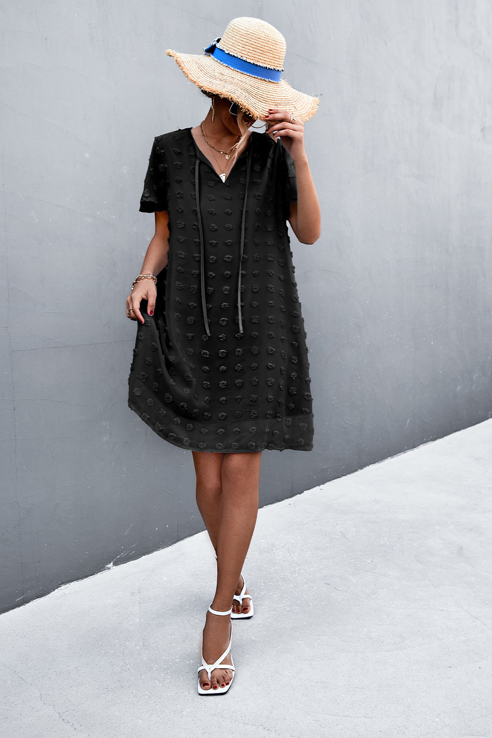 Swiss Dot Tie Neck Mini Dress